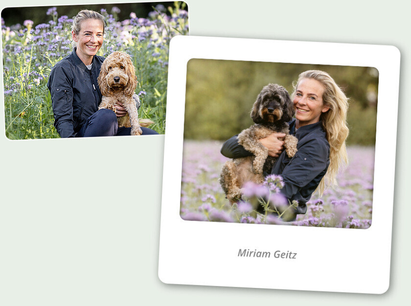 Miriam geitz mit Hund im Blütenfeld