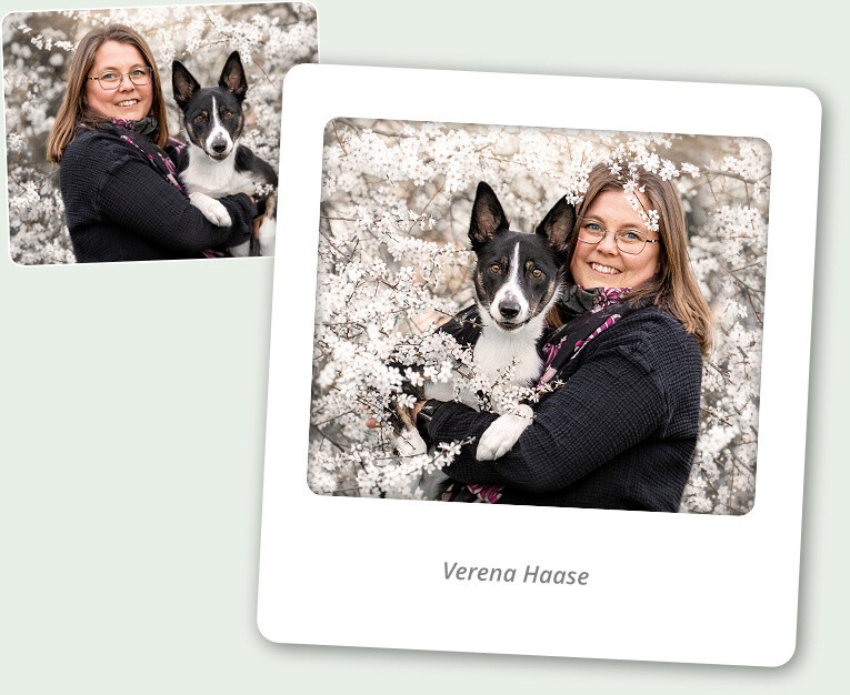 verana haase mit Hund vor Blütenbaum